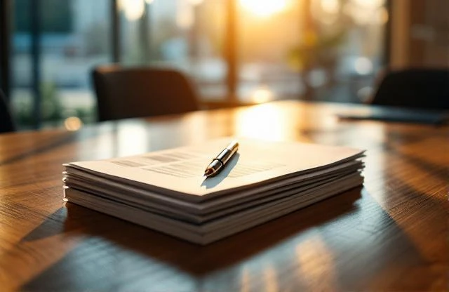 Modern calculator on organized financial documents and quarterly reports on executive desk with warm sunlight